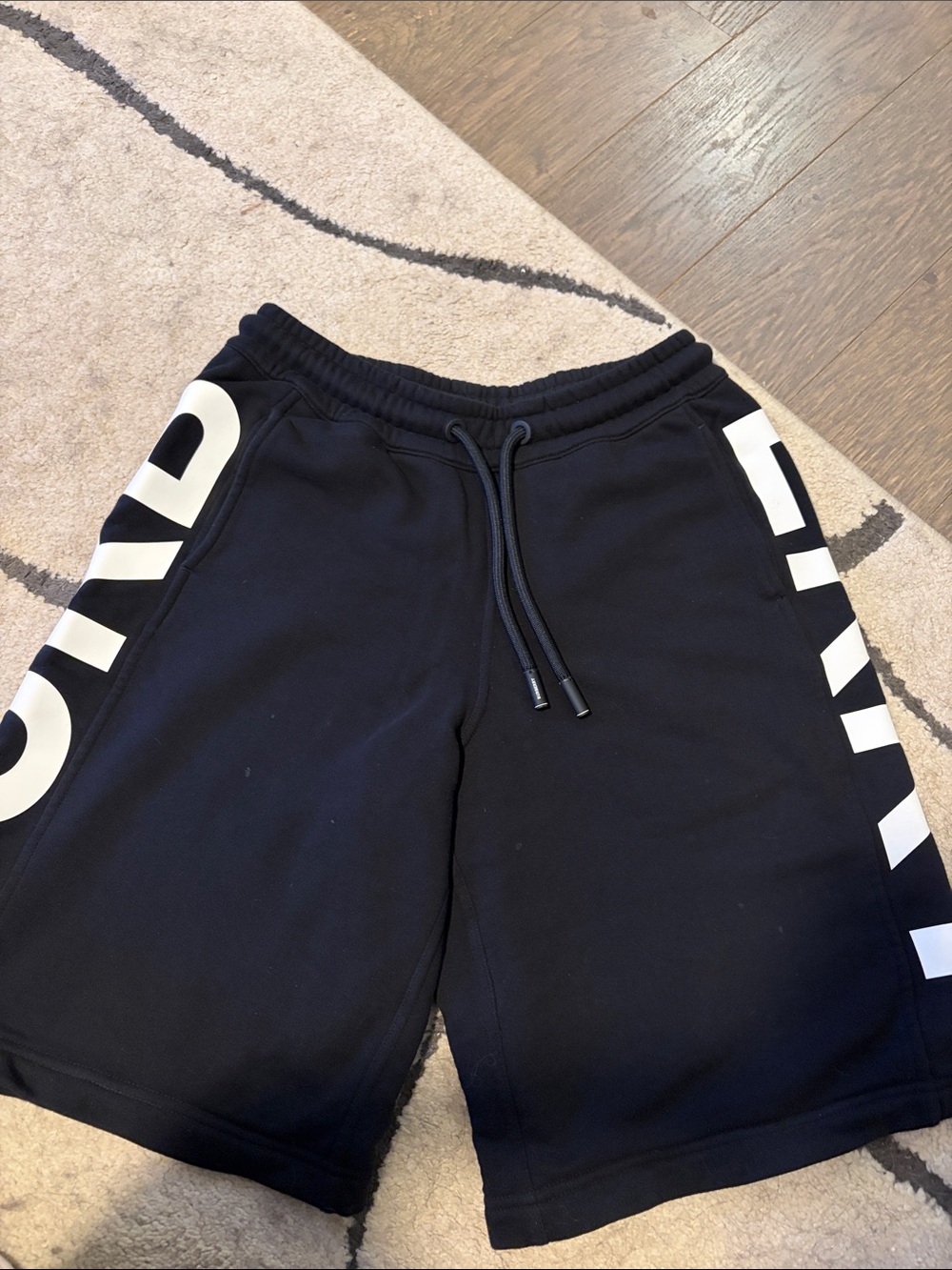 Oversized Black Athletic Drawstring Shorts with Side Graphics